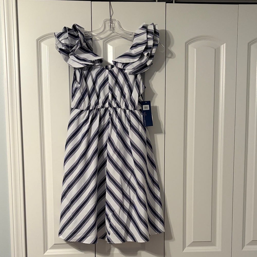 Habitual Navy and White Striped Ruffle-Shoulder Dress